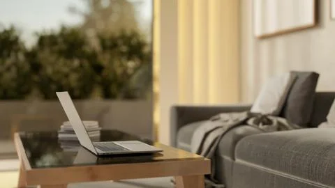 A close-up side view of a laptop on a coffee table in a modern and comforta.. Stock Illustration