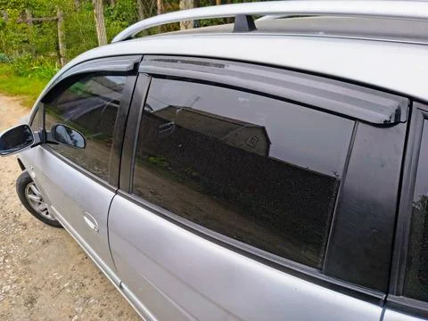 Close-up side view of a parked silver car on a rural dirt road. Focus on tint Stock-Fotos