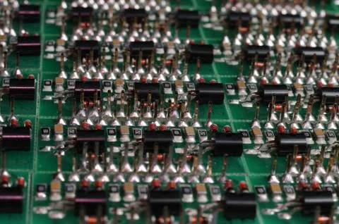 Close-up side view of a PCB board with SMD components Stock Photos