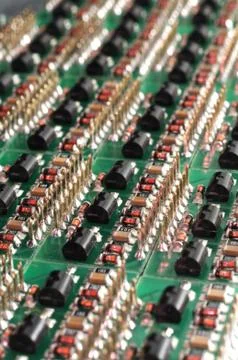 Close-up side view of a PCB board with SMD components Stock Photos
