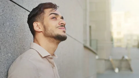 Close up side view pensive dreaming inspired bearded Hispanic Indian adult 30s Stock Footage 205220117