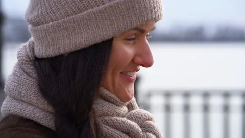 Close up side view portrait of happy woman on the street, outdoors. Slow motion. Stock Footage 171210659