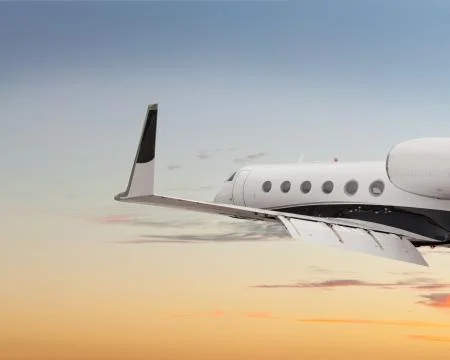 Close side view of a private jet flying Foto stock