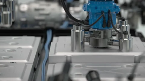 Close-up side view of robots assembling the battery module of an electric car Stock Footage 200435852