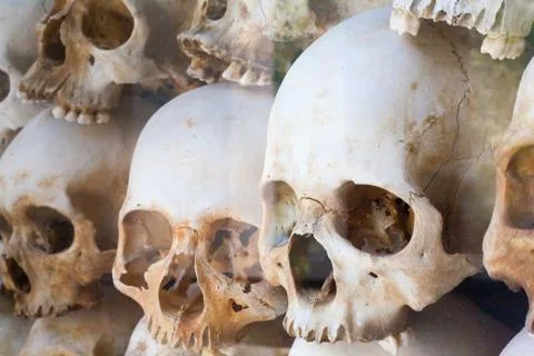 Close Side view of Skulls Wall behind glass in memorial camp in Cambodia Stock Photos