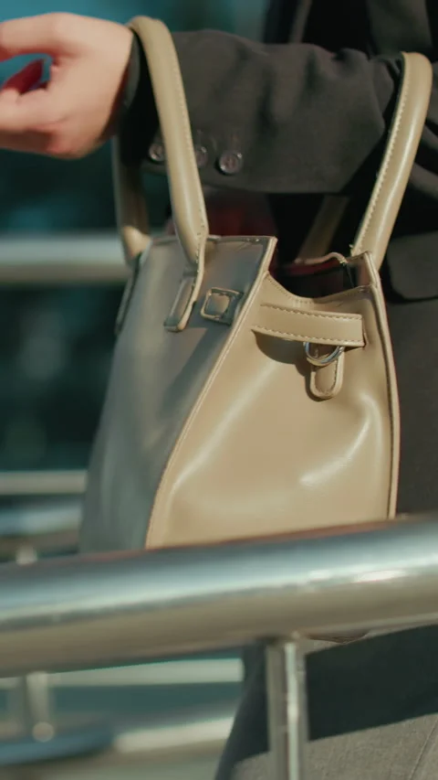 Close Up Side View of White Lady Checking Handbag for Keys Near Glass Building Stock Footage 319781395