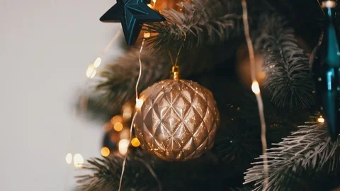 Close up side view of xmas toy on fir tree Stock Footage 120679385