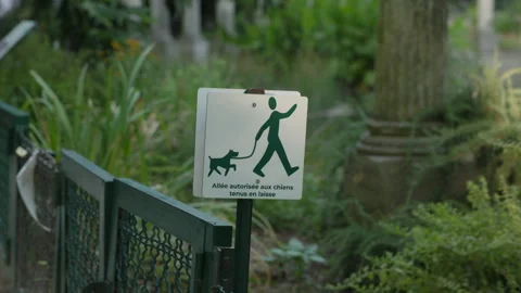 Close Up of a Sign Permitting Dogs on Leash in a European Public Park Stock Footage 340477477