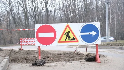 Close up of sign of road work to inform traffic participants about carrying out  Video stock 154382991