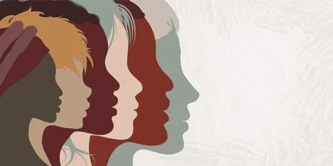 Close up silhouette faces of multicultural profile women. Racial equality Stock Illustration