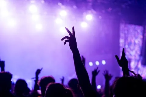 Close up of silhouette of hands in the crowd at a summer music concert or Foto stock