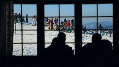 Close up silhouettes of people looking at the window background of mountain Stock-Footage 105266267