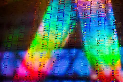 Close up of a silicon wafer of SIM computer chips. Foto stock