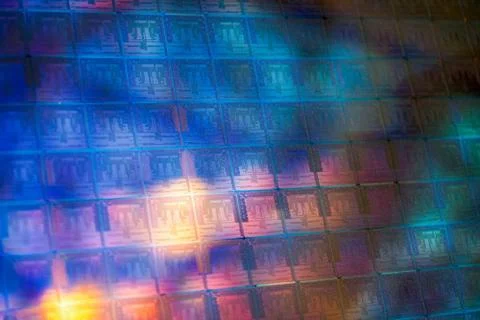 Close up of a silicon wafer of SIM computer chips. Foto stock