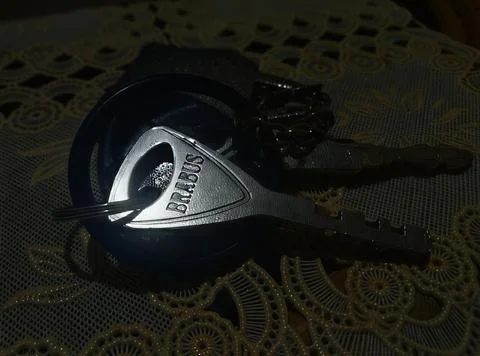 Close-up of a silver Brabus car key attached to a black rubber ring Stockfoto's