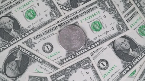 Close-up of Silver Coin Among Dollars. Stock Footage 320289368