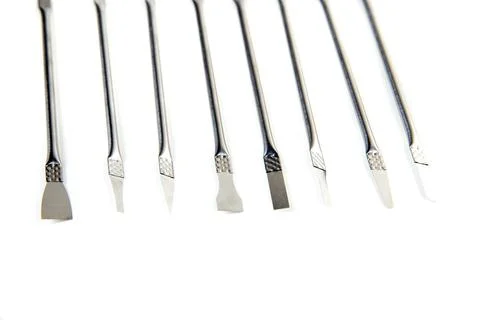 Close up silver computer repair tool kit with mutliple square tips for lift.. Stock Photos