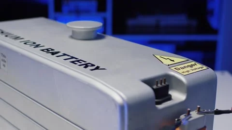 Close up of silver lithium ion battery with high voltage danger sign Stockbeeldmateriaal 156056110