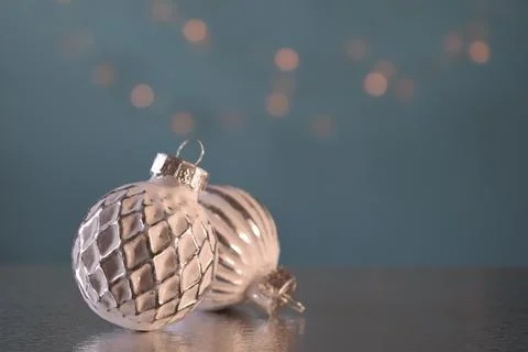 Close-up of silver patterned Christmas tree balls Stock Photos