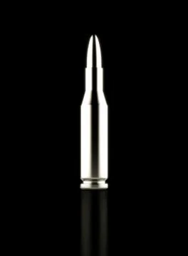 Close Up of Silver Rifle Round on Reflective Black Surface Stock Illustration