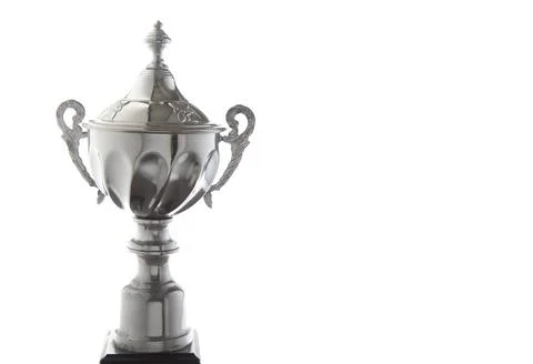Close up of silver trophy isolated on white background. Winning awards with.. Foto stock