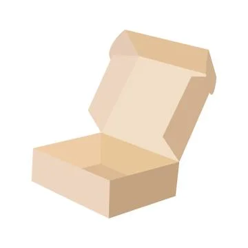 Close-up single carton box open empty isolated on white background, brown parcel Stock Illustration