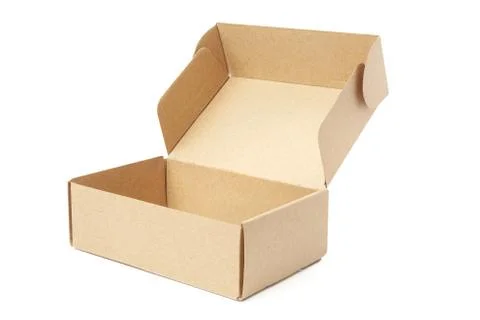 Close-up single carton box open empty isolated on white background 库存照片