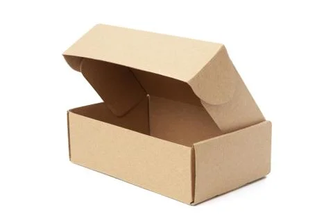Close-up single carton box open empty isolated on white background Stock Photos