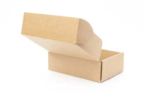 Close-up single carton box open empty isolated on white background Foto stock