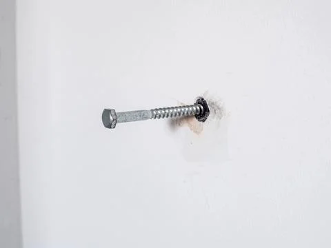 A close-up of single dowel screws embedded in a white concrete wall Stock Photos