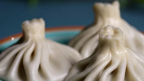 Close-up of a single khinkali dumpling with smooth, glossy dough folds   Stock Footage 313879694