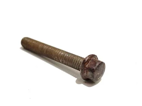 Close-up of a single metal screw with a hexagonal head on a white background. Stock Photos