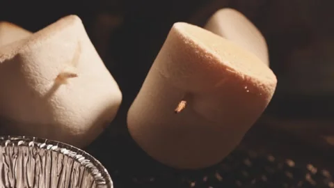 Close up of single toasted marshmallow skewered on wooden stick melting ove.. Stock Footage 343613691