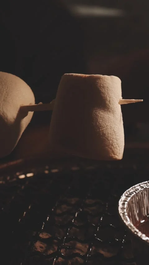 Close up of single toasted marshmallow skewered on wooden stick melting ove.. Видео 343613724
