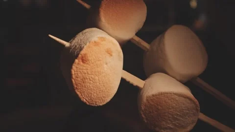 Close up of single toasted marshmallow skewered on wooden stick melting ove.. Stock Footage 343613729