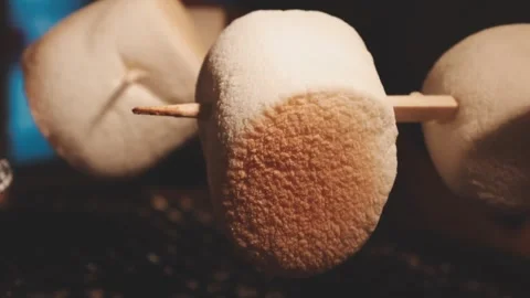 Close up of single toasted marshmallow skewered on wooden stick melting ove.. Stock Footage 343613730