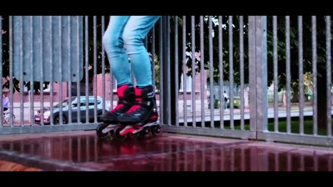 Close-Up of Skater’s Knees and Roller Skates on Ramp, Dynamic Action Stock Footage 319913860