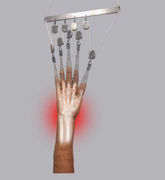 Close-up of skeleton traction with frame in a patient with fracture of the wr Stock Photos