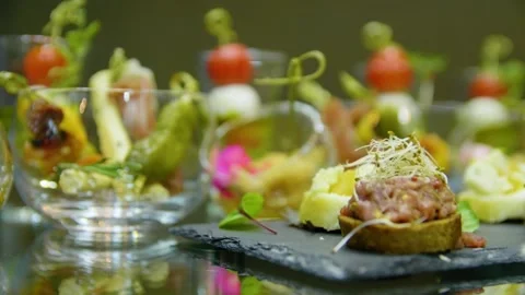 Close-up of skewer canapes on the buffet table. Buffet food in a restaurant. Stock Footage 277281656