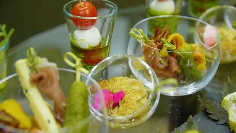 Close-up of skewer canapes on the buffet table. Buffet food in a restaurant. Stock Footage 277282510