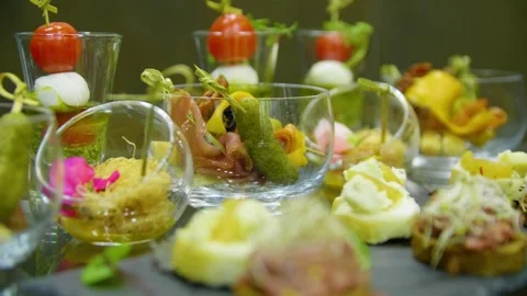 Close-up of skewer canapes on the buffet table. Buffet food in a restaurant. Stock Footage 277283499