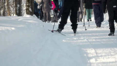 A close-up of a skier riding behind a crowd of people walking along a ski track Stock Footage 264479919