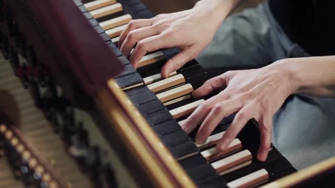 Close-up of skilled hands playing a historic double-manual harpsichord. 스톡 동영상 336391819