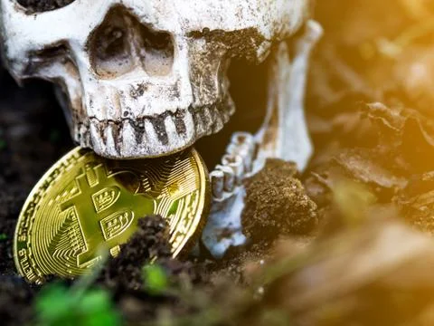 Close up of Skull biting bitcoin on the ground Leaves dry on the ground and t Foto stock
