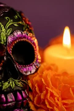 Close-up of a skull in vertical format, intricately decorated with metallic.. Stock Photos
