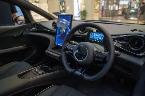 Close-up of the sleek interior design of the BYD Dolphin electric vehicle Stock Photos