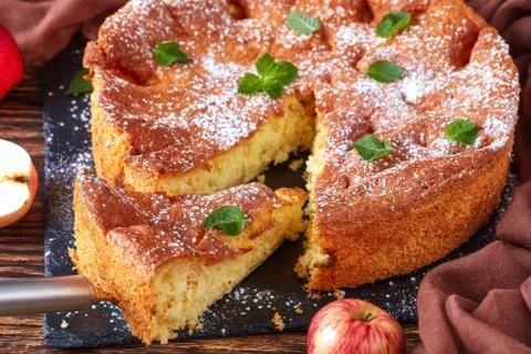 Close-up of a slice of apple sponge cake Stock Photos