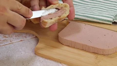 Close-up of a slice of bread with pork liver pâté Stock Footage 340329475
