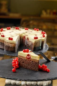 Close up of a slice of delicious cake with red currant and cheesy whipped cream Stock Photos