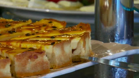Close-up of sliced cake in restaurant Stock Footage 57814481